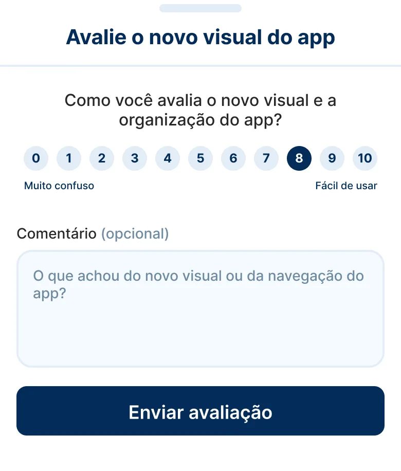 Formulário de avaliação do novo visual do app