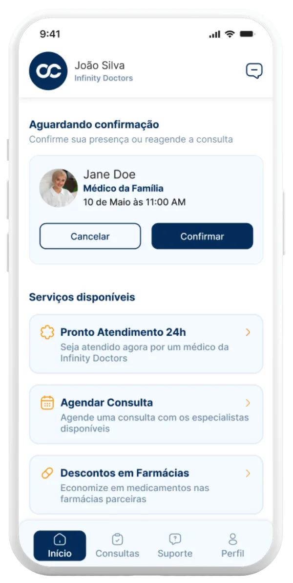 Mockup do aplicativo Infinity Doctors com tela de confirmação de consulta